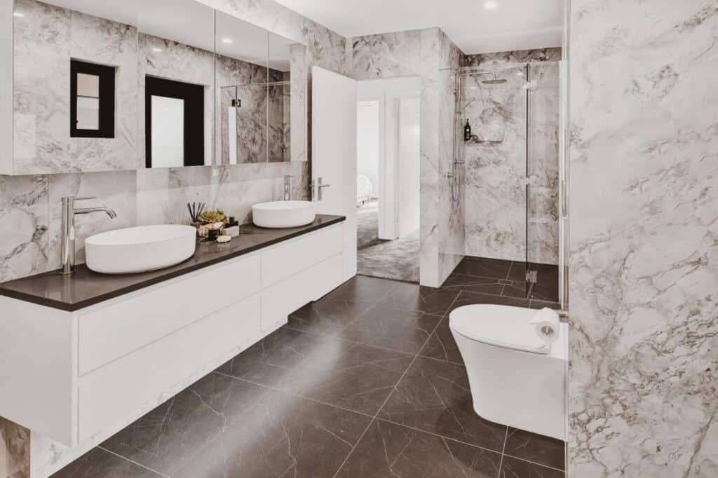 marbled wall tiles in a modern bathroom renovation