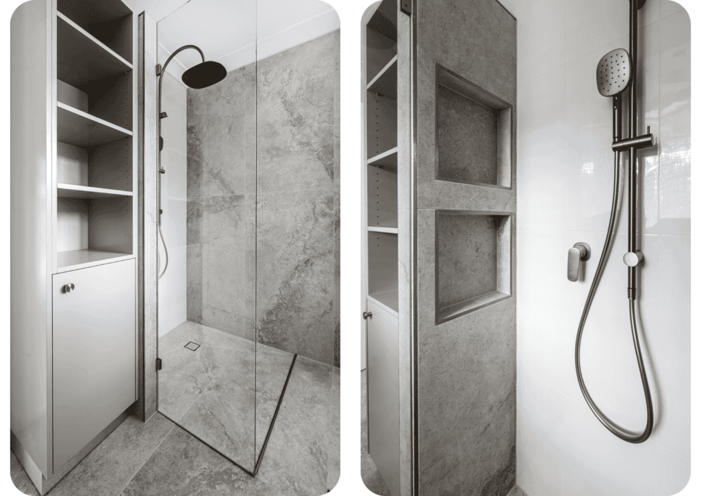Left: Modern walk-in shower with frameless glass, large stone-look tiles, a matte black rain showerhead, and built-in shelving for storage.

Right: Contemporary shower space with a handheld matte black showerhead, recessed storage niches, and sleek tile finishes beside built-in cabinetry.