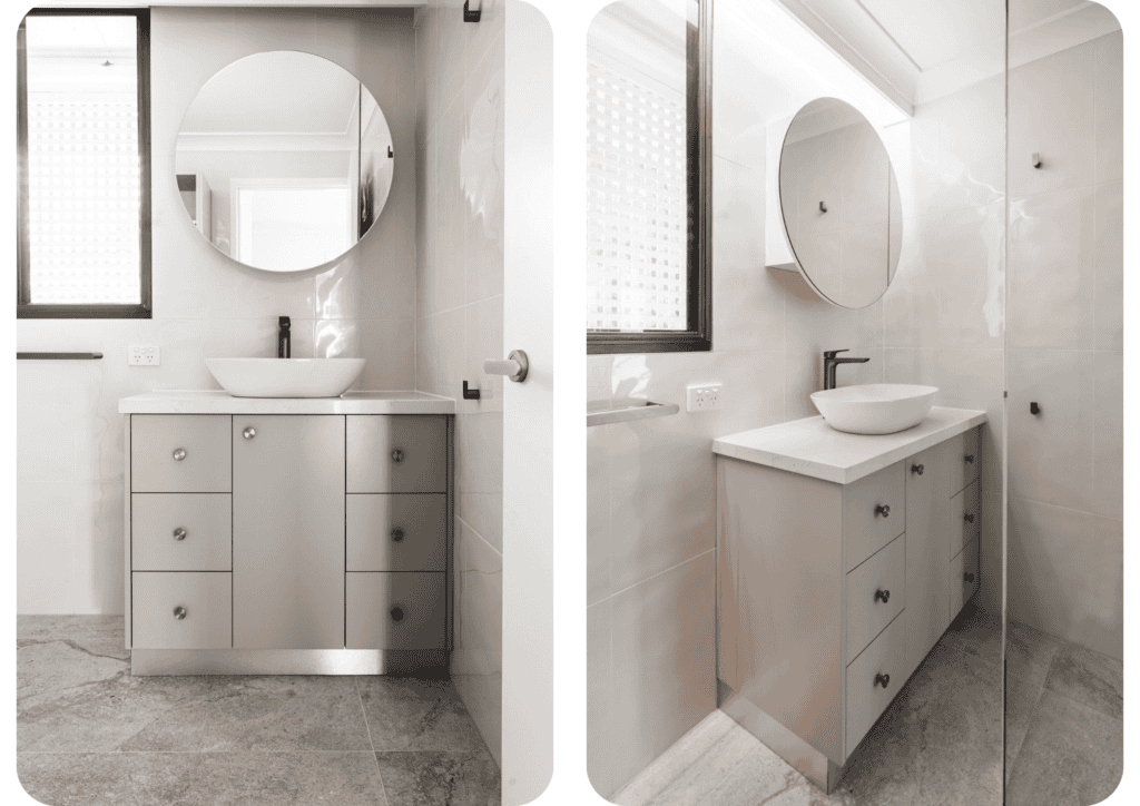 Left: Modern bathroom with a taupe vanity, round mirror, white vessel sink, and neutral wall and floor tiles.

Right: Contemporary ensuite featuring a taupe vanity with round mirror and vessel sink, set against soft beige tiles and a glass shower panel.