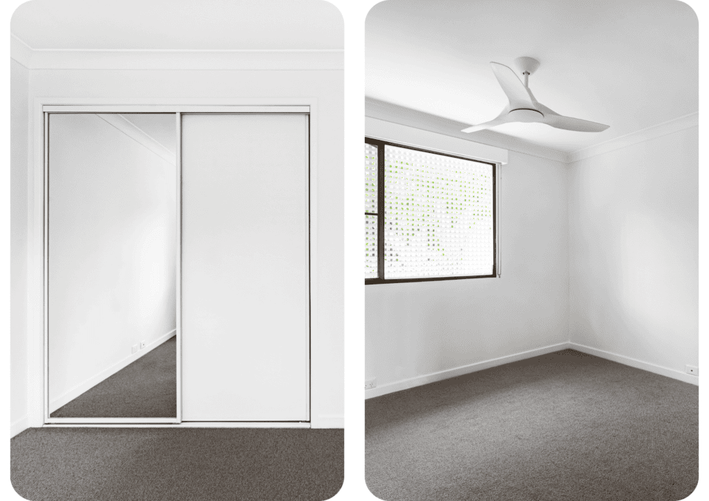 Left: Minimalist bedroom with sliding built-in wardrobe, featuring one mirrored panel and clean white walls with dark carpet flooring.

Right: Bright, unfurnished bedroom with white ceiling fan, large window with privacy screen, and neutral-toned carpet.