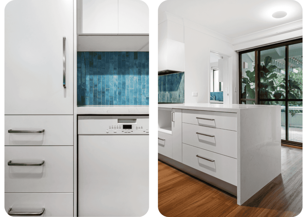 Left: Modern white kitchen cabinetry with sleek chrome handles, built-in dishwasher, and a striking vertical turquoise tile splashback.

Right: Contemporary kitchen with white cabinetry, marble-look benchtop, turquoise tile splashback, and sliding glass doors opening to a leafy outdoor area.