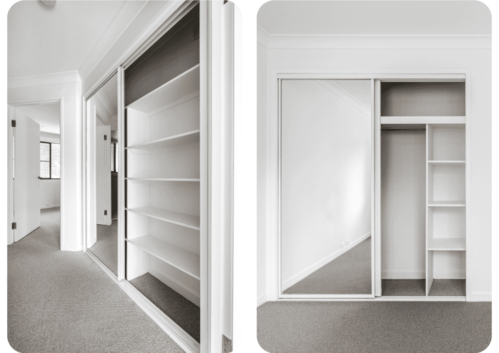 Left: Built-in mirrored wardrobe with open shelving, set in a carpeted hallway with views into a bright adjoining room.

Right: Bedroom wardrobe with mirrored sliding doors, featuring a combination of hanging space and built-in open shelving.